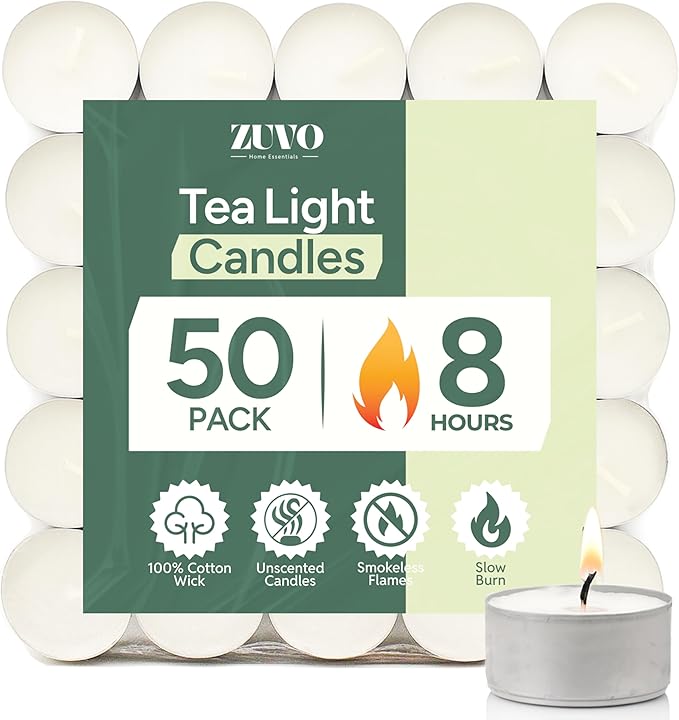8 Hour Tea Lights Candles (50 Pack) - White Long Lasting Tea Lights -Smokeless & Unscented Candles - Party Candles- for Weddings - 3.8 x 2.3 CM, 8hr