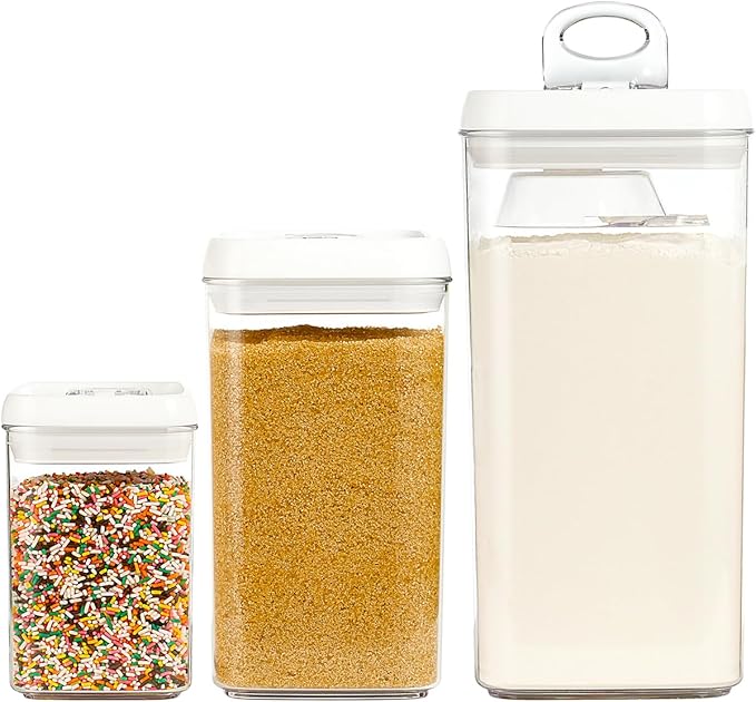 Felli Flip Tite Acrylic Food Storage Container with Lid 6” XL Air Tight Ring Seal Flip Top, Plastic Kitchen Baking Canister for 5 lb Flour Sugar Rice Protein Powder Pantry Organizer (Nest-M, White)