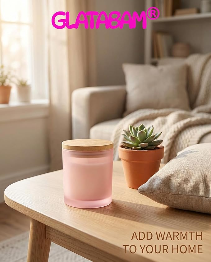 GLATABAM 10 OZ Candle Jars 12 Pack - Bulk Glass Candle Making Jars with Bamboo Lids & Labels, Heat Resistant Empty Reusable Candle Vessel for Containers(Frosted Powder)