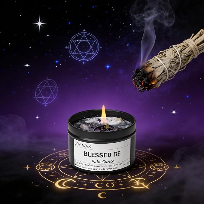 Chloefu LAN Obsidian Crystal Blessed Be Energy Candle, Good Aura Health Protection, Magical Palo Santo Jar Candle, Witchy Home Ambiance, Witch Spell Ritual Candle for Spiritual Cleansing