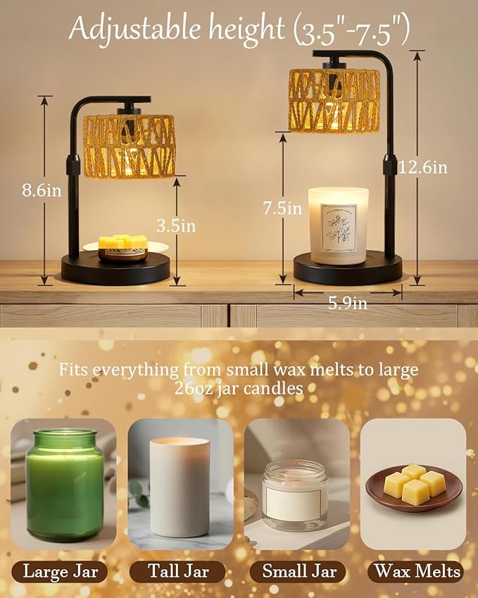 Candle Warmer Lamp, Timer Dimmable Candle Lamp, Adjustable Height and Brightness Candle Warmer, Boho Rattan Lampshade and 2 Bulbs, Suitable for Home Decor, Birthday Gifts for Women Mom (Black)