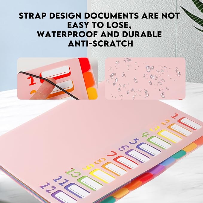 24 Pockets Expanding File Folder Organizer,Accordion File Organizer,A4 Letter Size,Rainbow Tab, for Home/Office/School Document Organizer (Pink)