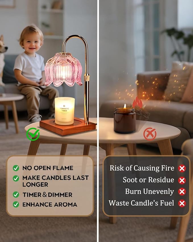 Pink Candle Warmer Lamp with Timer & Dimmer, Candle Lamp Warmer Adjustable Height, Mothers Day Birthday Gifts for Women Mom, House Warming New Home Bedroom Decor, Flower Wax Warmer for Jar Candle