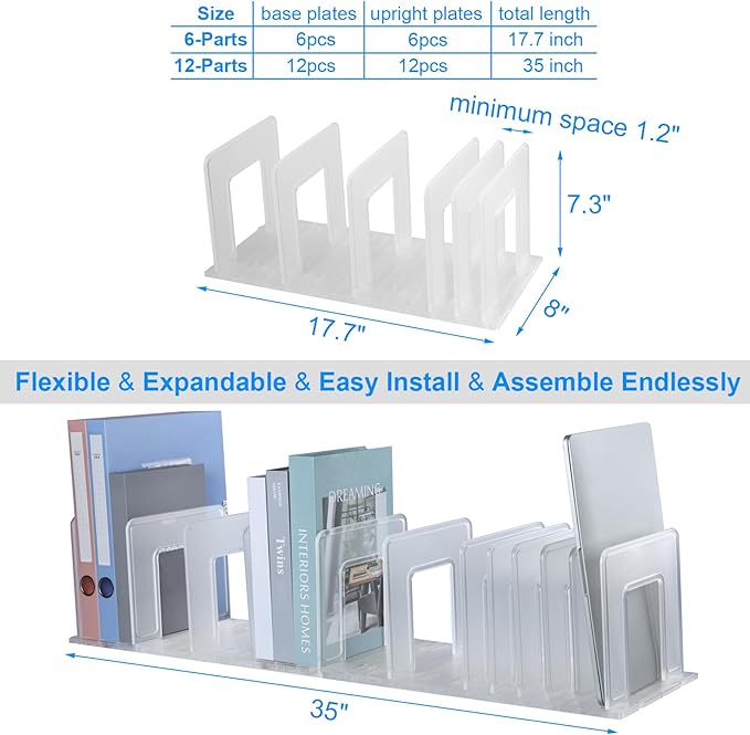 Translucent Frosted Adjustable Vertical File Sorter Sturdy Plastic Expandable Upright File Holder, Desktop Binder Organizer, School Office Book File Organizer, Assemble Easily Endlessly