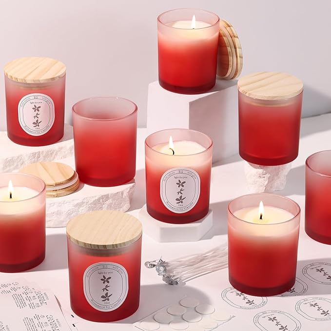 REISEN 12Pcs Gradient Red Candle Jars for Making Candles, 10oz Glass Jars with Bamboo Lids, Candle Wick Kit and Sticky Warning Labels, Candle Containers Vessels for DIY Gifts
