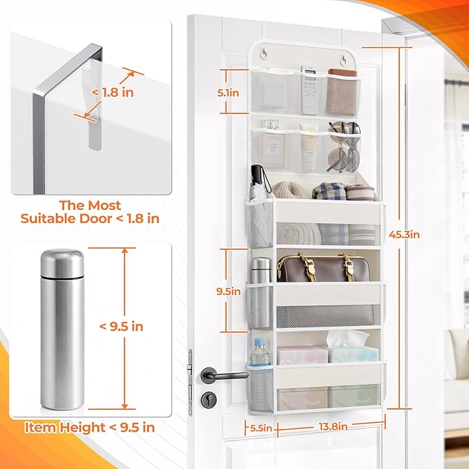 5-Tier Over the Door Organizer with Mesh Pockets, Baby Nursery Storage for Closet, Bathroom and Bedroom, Adjustable Hanging Closet Organizer for Cosmetics, Books and Essentials (Beige)