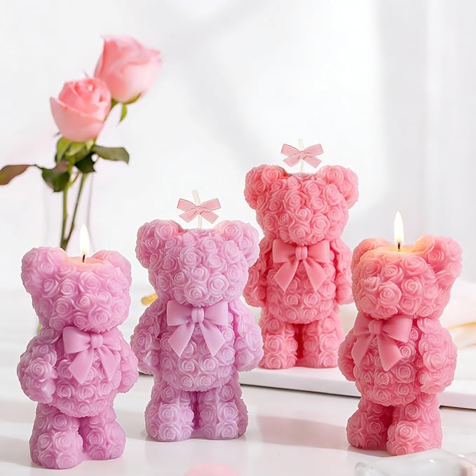 Standing Rose Bear Silicone Molds, Rose Teddy Bear Molds for Candles Making Handmade Soap Epoxy Resin Casting Home Decor Valentine/Mothers Day/Wedding/Anniversary/Birthday Gifts
