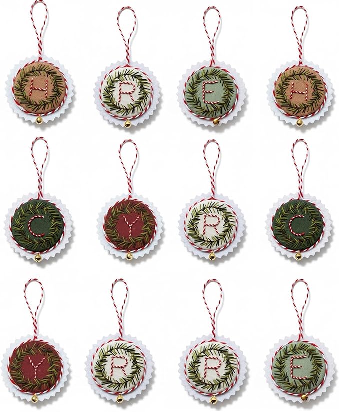 TenDawn Personalized Christmas Embroidery Ornament Kit, Set of 12 DIY Wreath Decorations with Customizable Letters – Handmade Holiday Ornaments for Tree & Gift – Rustic Christmas Decor