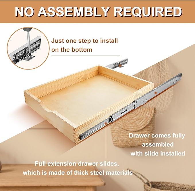 Menkxi 2 Set Wooden Pull out Cabinet Organizer Fully Assembled Slide out Pantry Drawer with Gentle Close Storage Shelf Tray for Base Kitchen Under Sink Bathroom Accessory(Wood Color,18'' X 21'' X 3'')