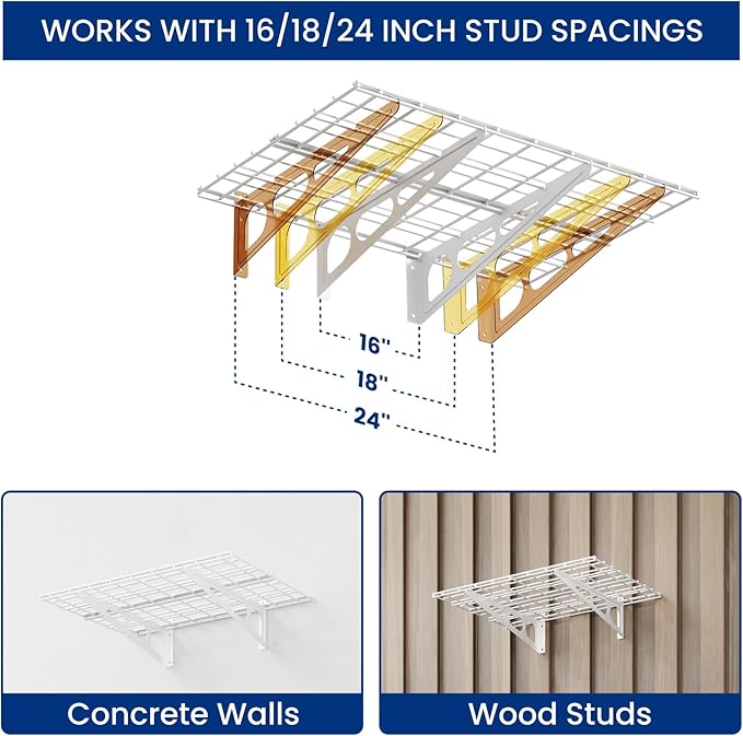 FLEXIMOUNTS 2-Pack 2x6ft Garage Shelving with Hooks, 24-inch-by-72-inch Wall Shelf Garage Storage Racks Floating Shelves, White, Classic Series