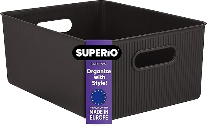 Superio Ribbed Collection - Decorative Plastic Basket Open Home Storage Bins Organizer, Large Brown (1 Pack) Container Boxes for Organizing Closet Storage Bins for Shelves 15 Liter/16 Quart