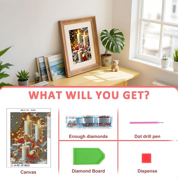 Skyboda Christmas Diamond Art Kits for Adults Beginners, Christmas Candles Diamond Painting Kits for Adults,5D Full Drill DIY Diamond Dot Gem Art Kit Wall Home Decor Arts Craft 12x16 inch