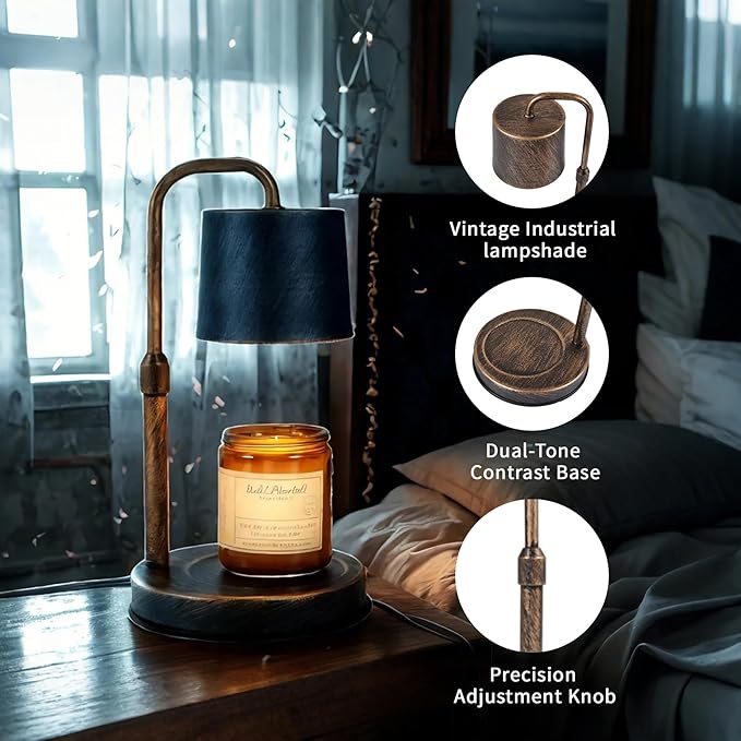 Vintage Industrial Candle Warmer Lamp for Home Decor - Height Adjustable with Dimmer, Dimmable Wax Melt Warmer Compatible with Yankee Candle Jars (Antique Bronze, 50W 2 Bulbs, 110V)
