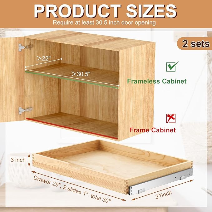 Menkxi 2 Set Wooden Pull out Cabinet Organizer Fully Assembled Slide out Pantry Drawer with Gentle Close Storage Shelf Tray for Base Kitchen Under Sink Bathroom Accessory(Wood Color,30'' X 21'' X 3")