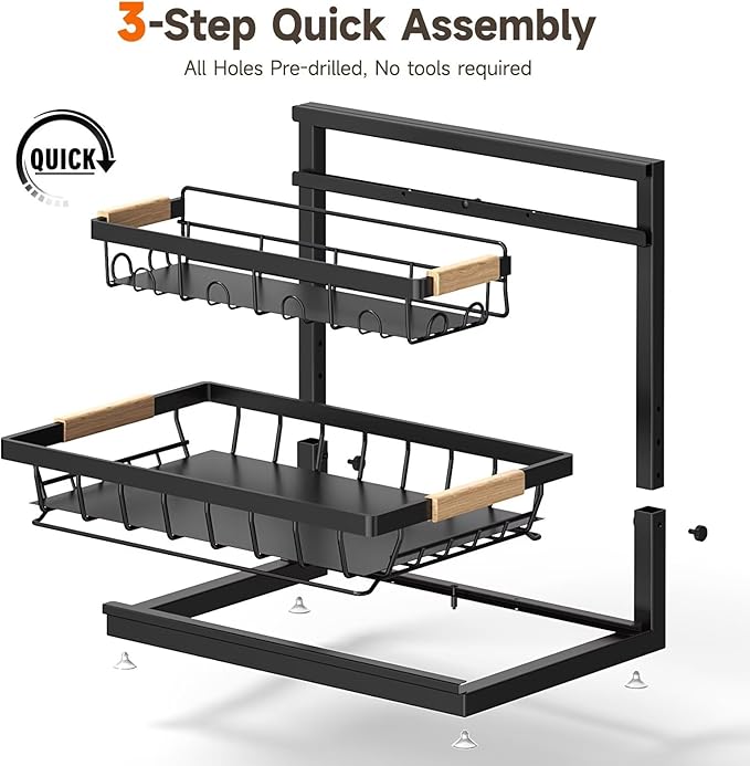 2 Packs Under Sink Organizer, Height Adjustable 2 Tier Under Kitchen Sink Organizer, Multi-Purpose Storage Shelf for Kitchen Bathroom Cabinet (Black, Extra Large)