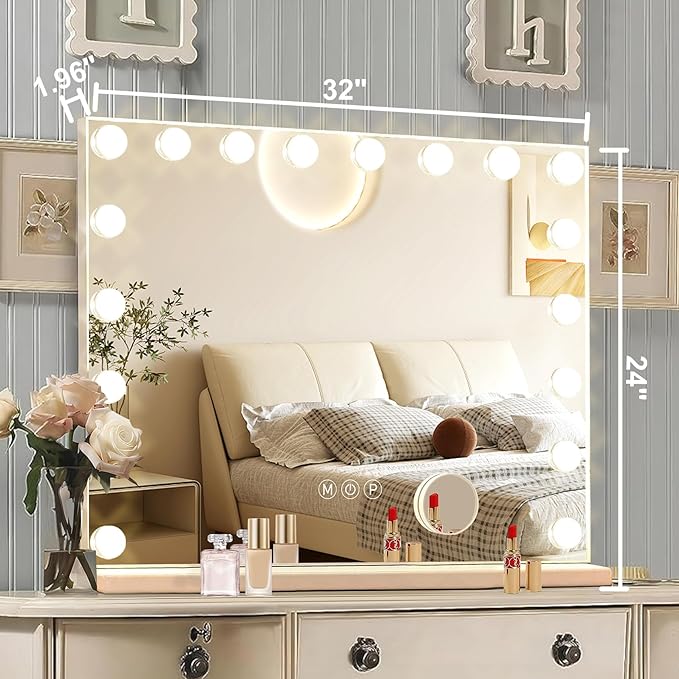 Ratsamee Hollywood Vanity Mirror with Lights, 18 Dimmable Bulbs, 3 Color Lights,Make Up Lighted Mirror, Aluminum Metal Frame, USB Charging Port（32" x 24"）