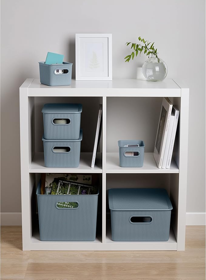 Superio Ribbed Collection - Decorative Plastic Basket Open Home Storage Bins Organizer, Blue Containers for Organizing Closet Storage Bins for Shelves (Bin with Lid- Extra Large (22 Liter), 1 Pack)