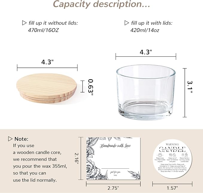 6 Pack Glass Candle Jars with Lids (16oz, Clear) - Large Candle Jars for 3 Wick Candles Making - Empty Candle Jars Containers - Candle Making Supplies Accessories include 16Pcs Candle Labels