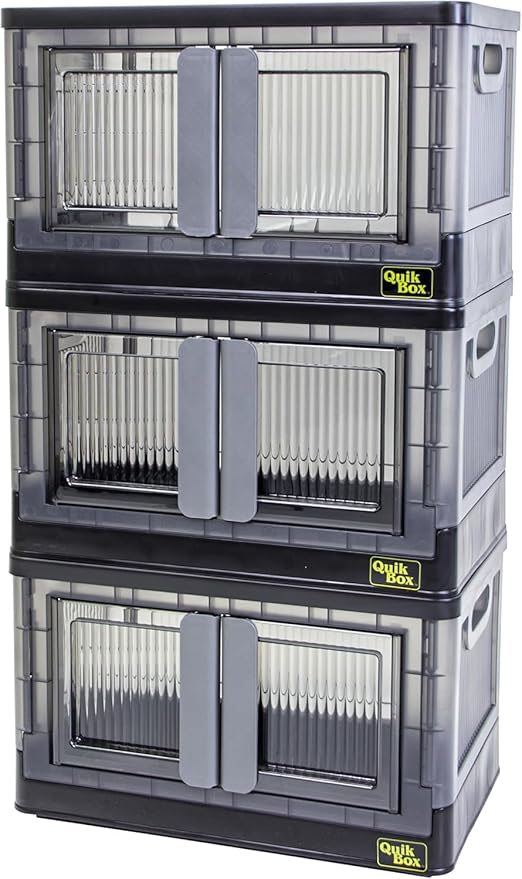 FELICON 8.4 Gallon 3 Pack Stackable Storage Bins with Lids,Doors,Wheels,Collapsible Organizer Foldable Container,Wardrobe Closet for Bedroom Living Room Neat,Dorm,Organized Homes(Black)