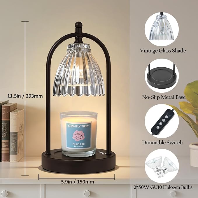 GyroVu Candle Warmer Lamp, Electric Candle Warmer with Timer & Dimmer with Vintage Glass Shade, Gifts for Mom Christmas Birthday Women, House Warming New Home Bedroom Decor