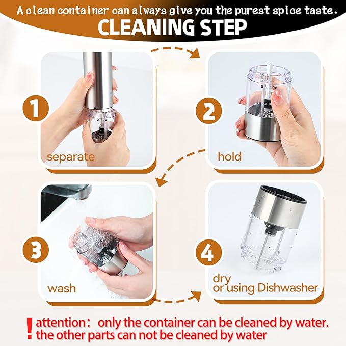 Stainless Steel Electric Pepper Grinder & Salt Mill Set - Battery Operated One-Hand Operation Adjustable Coarseness LED Light Transparent Container Easy Refill & Clean Push-Button Switch (2 Pack)