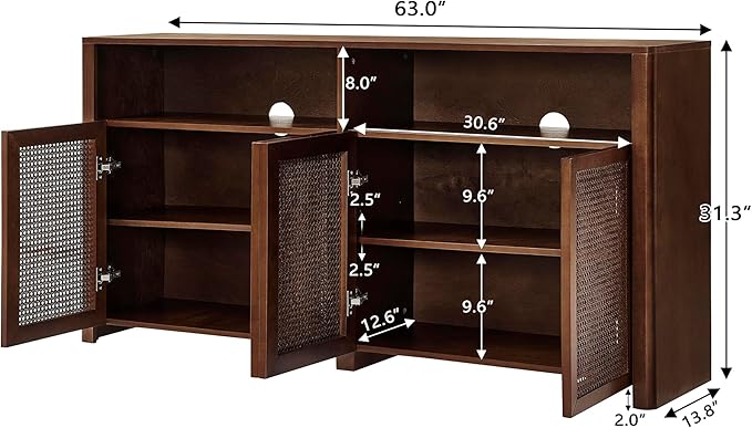 Amposei 63’’ Rattan Sideboard Cabinet, Boho Mid Century Modern Credenza Buffet Table & TV Console with Adjustable Shelves and Open Storage for Living Room, Hallway, Entryway, Kitchen & Dining, Walnut