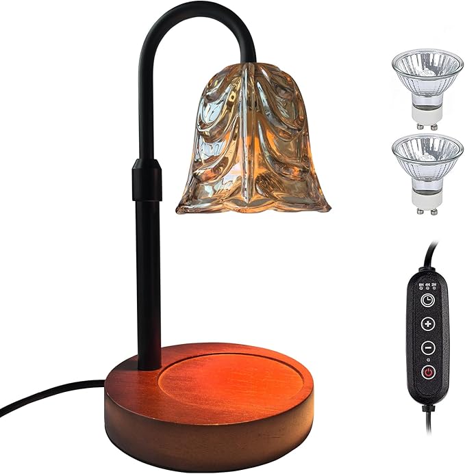 ANFOOS Candle Warmer Lamp with Timer and Dimmer, Flower Glass Shade Adjustable Height Flameless Wax Melt Warmer for Home Office Decor, 4 Brightness Mood Lighting, Includes 2 GU10 Bulbs