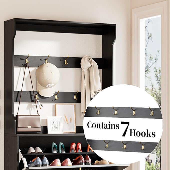 Fsbecl Shoe Cabinet for Entryway with 3 Flip Drawers & Coat Rack, Narrow Hidden Shoe Storage Cabinet with Fluted Panel, 2-in-1 Hall Tree Slim Freestanding Shoe Rack Organizer for Hallway, Black