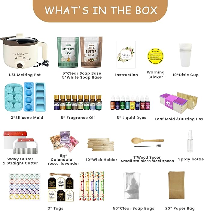LFISGNN Deluxe Soap Making Kit for Adults DIY Soaps, DIY Soap Making Supplies Kits with Soap Melting Pot, Natural Soap Base, 8 Essential Oils, 8 Dyes, 4 Soap Molds, Packing and Supplies for Begineers