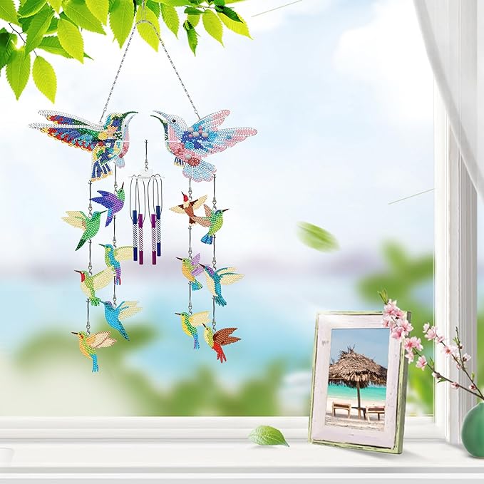 Hummingbird Diamond Art Wind Chimes DIY Kit 5D Diamond Art Painting Wind Chime Hummingbird Hanging Pendant Double Side Special Shape Rhinestones by Number Mosaic Wind Chime for Yard Porch Tree Decor
