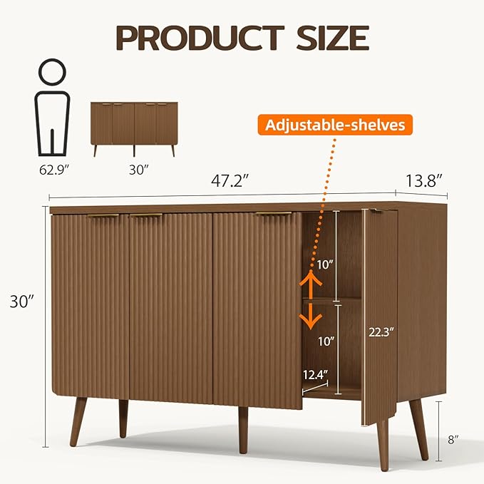 47.2" Sideboard Buffet Cabinet with Storage, Modern Fluted Accent Credenza with 4 Doors, Buffet Media Console Entryway Cabinets with Adjustable Shelves for Living Dining Room Hallway, Walnut