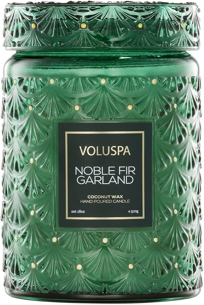 Voluspa Noble Fir Garland, Large Candle Jar, 18oz, Coconut Wax Blend, Scented Candles for Home, 100 Hour Burn Time, Poured in The USA