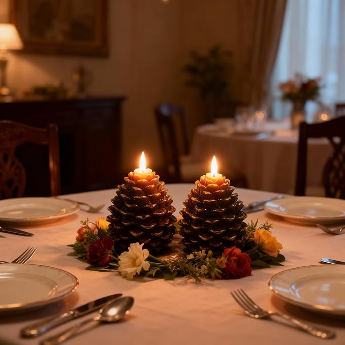 2pcs Flameless Pinecone Candles with Remote, Battery Operated Pine Cone Candles Real Wax Winter Decor, Flickering LED Christmas Decoration, D3.5 x H5 Inch, Brown & Gold Trim
