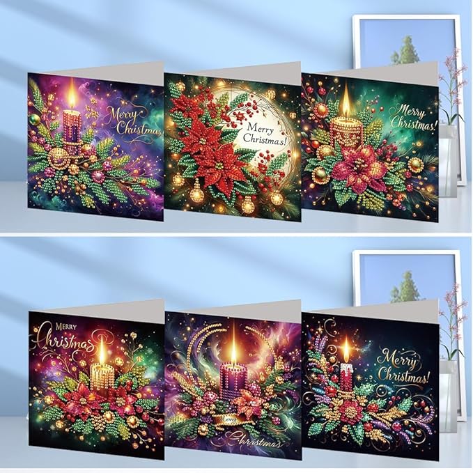 6Pcs Christmas Diamond Art Kits for Adults - DIY 5D Diamond Painting Cards with Envelopes, Sparkling Holiday Candles & Wreath Greeting Cards, Special Shaped Drill Art Crafts