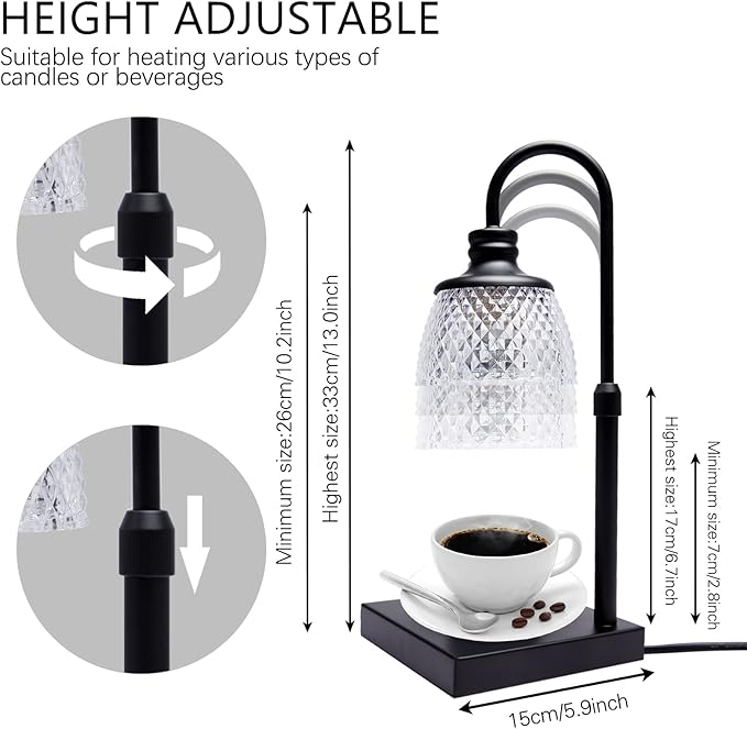 Candle Warmer Lamp, Auto Shut Off with Timer Control, Brightness Heat Level Control with Dimmable Switch, Height Adjustable Top-Down Candle Melting with 2 Bulbs(Black)