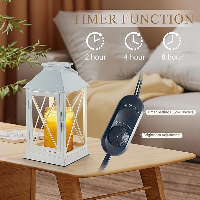 Candle Warmer Lamp with Timer,Cande Warmer Lantern for Jar Candle,Dimmable Candle Lamp Warmer Farmhouse Heat Lamp with 2 Bulbs,Auto Shut Off & Adjustable Brightness-White