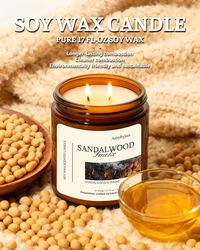 2 Wicks 17oz Large Non-Toxic Soy Wax Scented Candle, Sandalwood&Smoke 120 Hours of Burn Time, Long Lasting Candle for Gift, Cost-Effective Candle for Home Fragrance, Aromatherapy