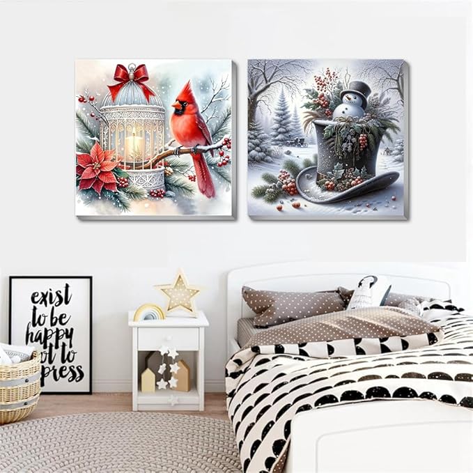 2 pack Snowman Paint by Numbers Kit for Adults Beginner With Framed,Winter Cardinal Easy Adult Paint by Number Kits on Canvas DIY Painting for Beginners Art by Numbers for Home Wall Decor 10x10 Inch