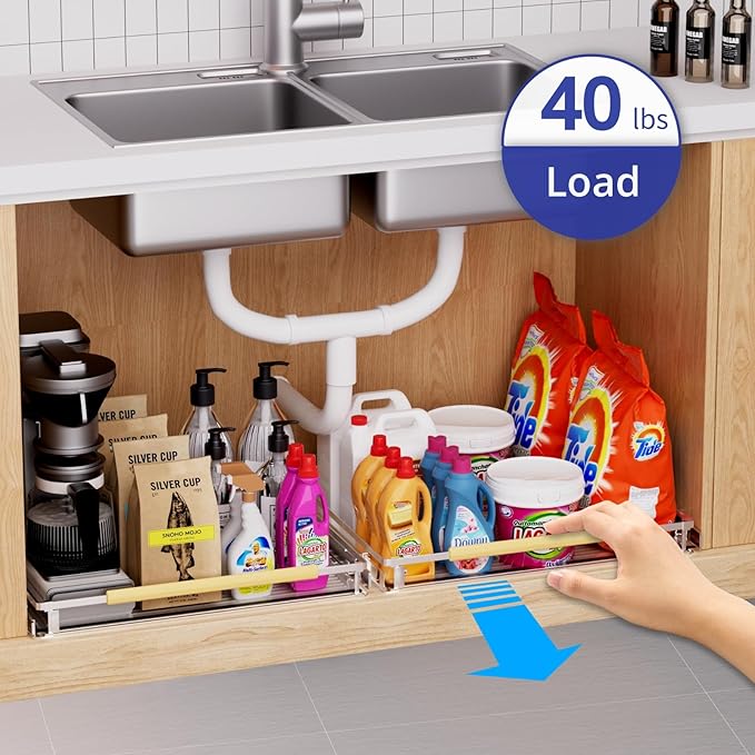Expandable Pull Out Drawer Cabinet Organizer, Adjustable Width Bottom-Mounted Slide Out Storage Shelves for Cabinets, Required Cabinet Size (W: 10.16"~16.36", D≥22.5"), 1 Pack