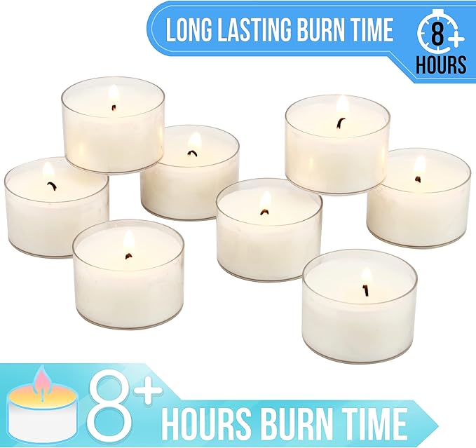 Stonebriar Bulk 96 Pack Unscented Smokeless Long Burning Clear Cup Tea Light Candles with 8 Hour Extended Burn Time, White
