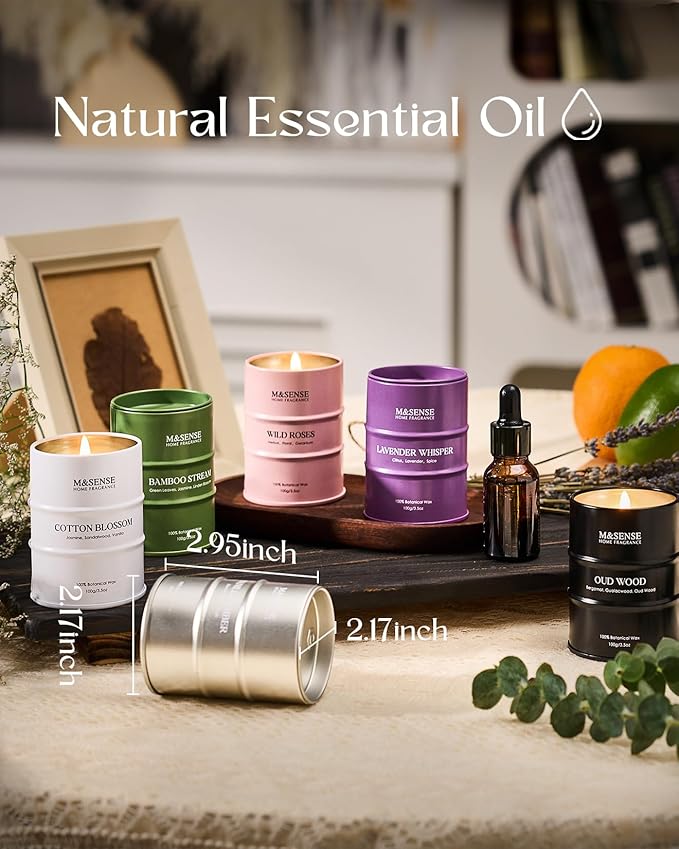 M&SENSE Spring Candle Gift Set | Mini Scented Candles Set | 6 Pack Candles for Home Scented,Oud Wood,Cotton Blossom,Vanilla Amber,Bamboo Rose Lavender Candle,Gift Set for Women,21 oz 105 Hour