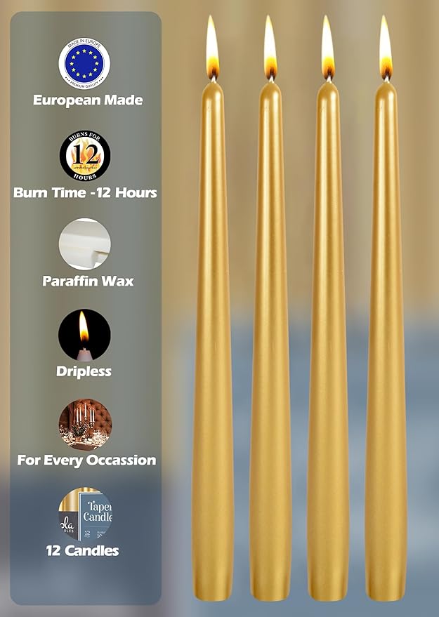 Hyoola Tall Taper Candles - 14 Inch Metallic Gold Dripless, Unscented Dinner Candle - Paraffin Wax with Cotton Wicks - 12 Hour Burn Time (Pack of 12)