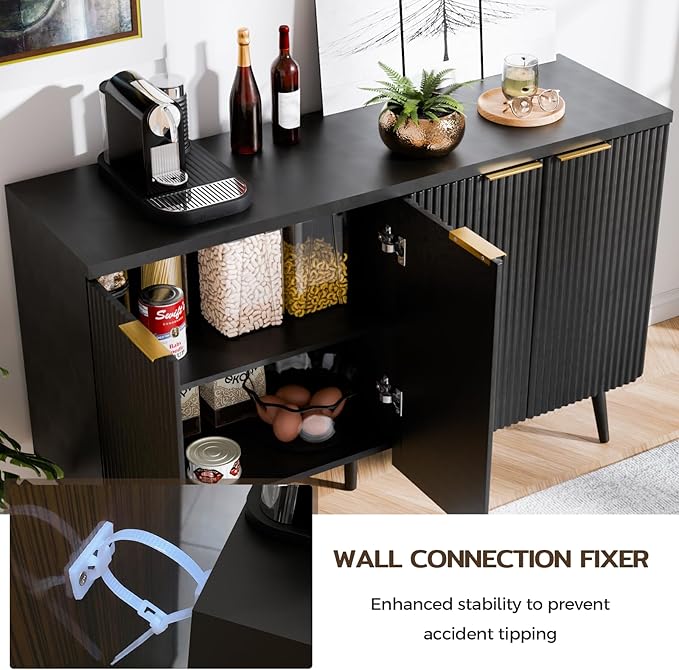 47.2" Sideboard Buffet Cabinet with Storage, Modern Fluted Accent Credenza with 4 Doors, Buffet Media Console Entryway Cabinets with Adjustable Shelves for Living Dining Room Hallway, Black