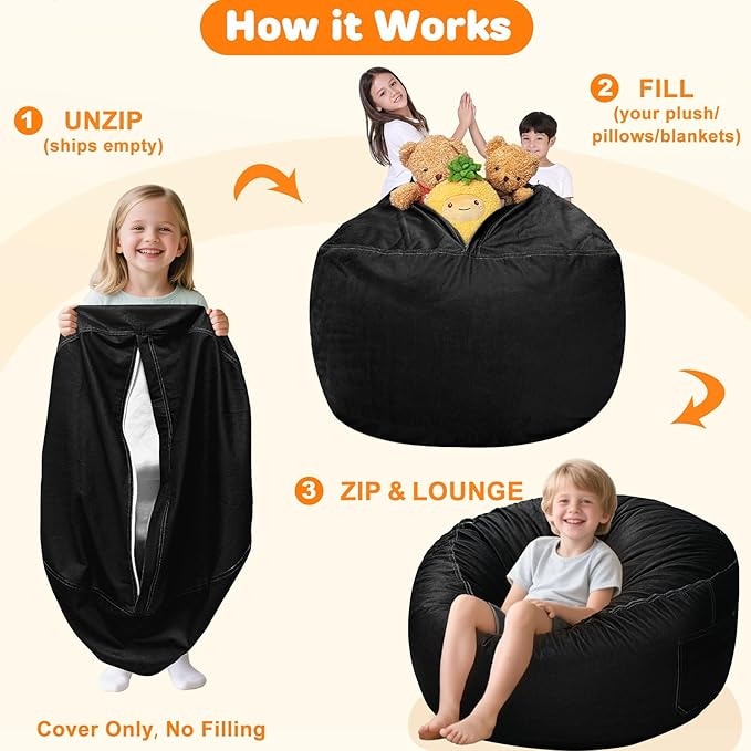 Lukeight Stuffed Animals Storage Bean Bag Chair Cover Only (Ships Empty, No Filling) - Velvet YKK Zipper Beanbag Cover for Big Kids and Teens, Washable Plush Toy Organizer, XX-Large 36" D x 20" H