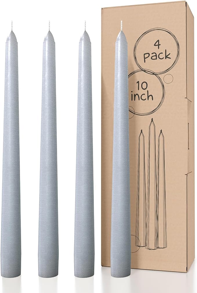 CANDWAX 10 inch Taper Candles - Set of 4 Dripless Unscented Candlesticks - Perfect for Dinner and Household Use - Light Gray