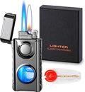 Torch Lighter, Creative Dual Flame Lighter with 6pcs Flint Stone, Windproof Lighter with Visible Fuel Tank, Adjustable Soft Flame and Jet Flame 2 in1,Refillable Butane Lighter for Gifts Men-Ice Black