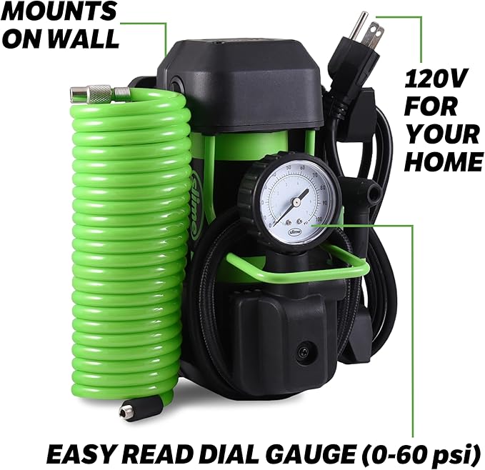 Slime 40045 Home Tire Inflator, Wall Mounted 120V, SUV, 4x4 Air Compressor, Heavy Duty, 2X Pro Power, with Analog 100 psi Dial Gauge, Long Hose and LED Light, 4 min Inflation
