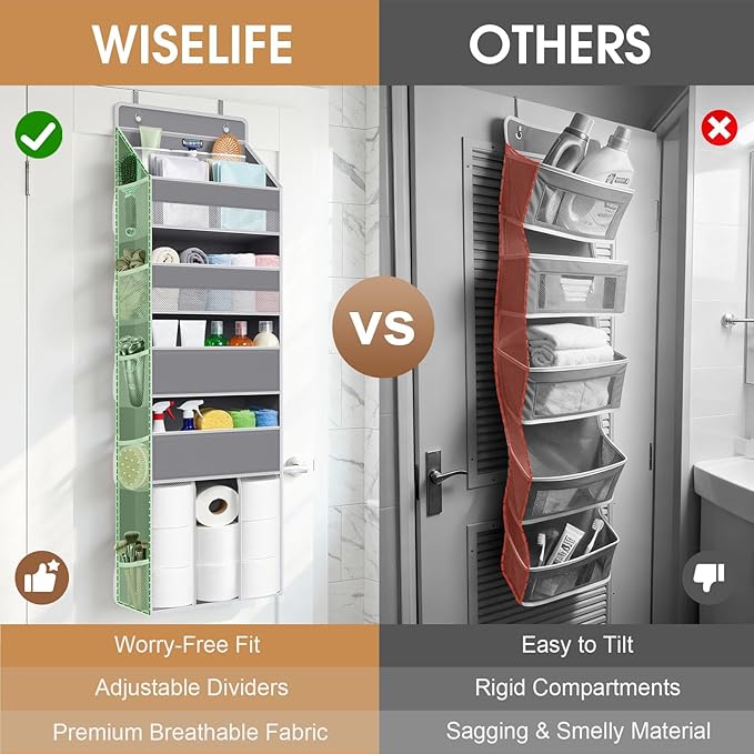 WISELIFE 5-Tier Over the Door Organizer for Hanging - 50LB Heavy-Duty Back of Door Organizer with 5 Spacious Pockets & 13 Mesh Pockets, Multipurpose Storage for Nursery, Bedroom, Closet(1 Pack, Gray)