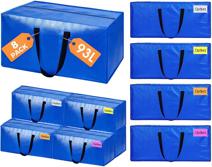 8 Pack Extra Large Moving Bags, Heavy Duty Clothes Storage Totes Bags with ColorNote & Handles, Moving Boxes Alternative Packing Bags for Space Saving