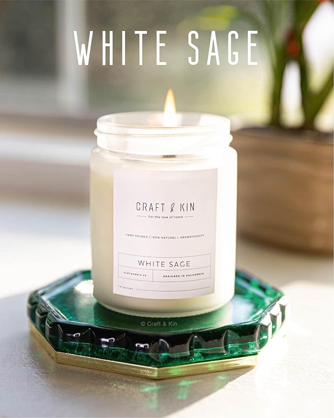 Craft & Kin White Sage Scented Candles for Cleansing | 8 Oz 45 Hour Long Lasting Holiday Candle | Classic Soy Woodwick Winter Candles | Made with Natural Soy | Gifts for Men and Women